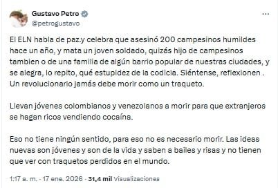 Petro sobre acciones criminales del Ejército de Liberación Nacional (ELN) - crédito @petrogustavo/X