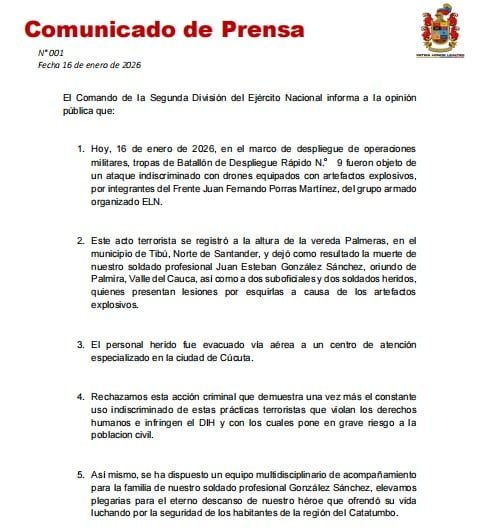 Comunicado del Ejército sobre atentado del ELN en Tibú que dejó un soldado muerto - crédito Ejército Nacional