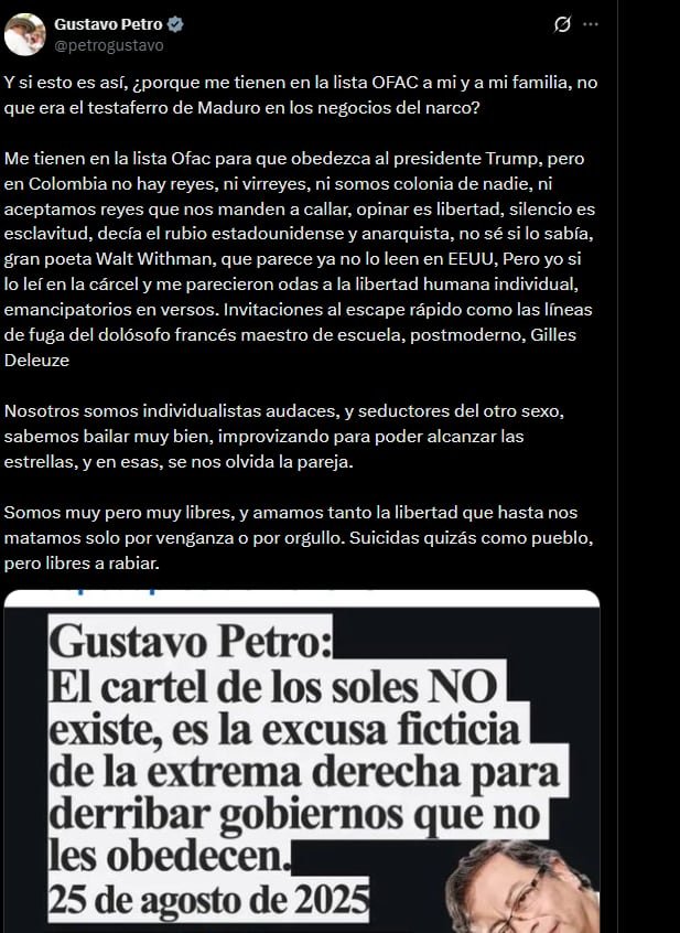 El primer mandatario sostuvo que Colombia no es colonia de nadie, por lo tanto no se acepta que nos manden a callar - crédito @petrogustavo/X