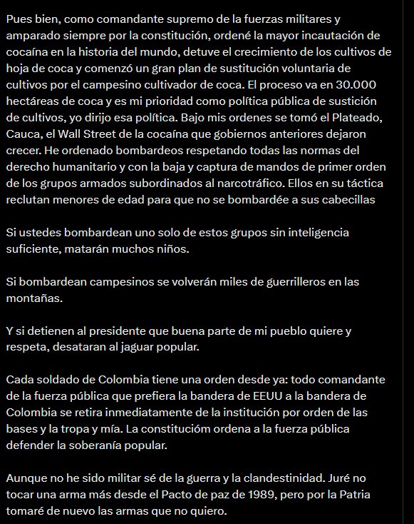 Petro respondió a las críticas de los altos mandos de Estados Unidos - crédito @petrogustavo/X