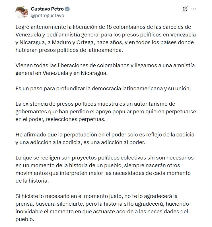 El presidente sacó pecho por gestiones pasadas y se atribuyó liberaciones que, según dijo, marcaron un precedente regional - crédito @petrogustavo/X