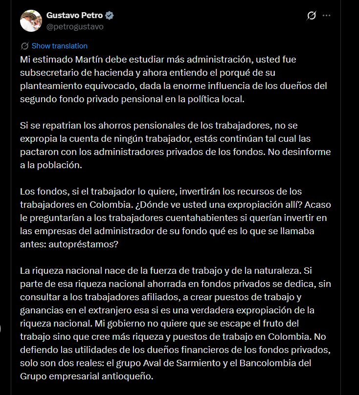 Petro aseguró que los fondos seguirán bajo control de los administradores privados y los trabajadores conservarán sus cuentas - crédito @petrogustavo/X