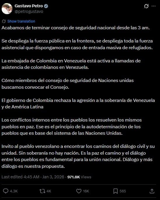 La postura oficial, expresada en redes sociales, subraya el principio de autodeterminación y destaca la importancia de los foros internacionales para resolver conflictos mediante mecanismos pacíficos y mantener la estabilidad regional - crédito @petrogustavo/ X