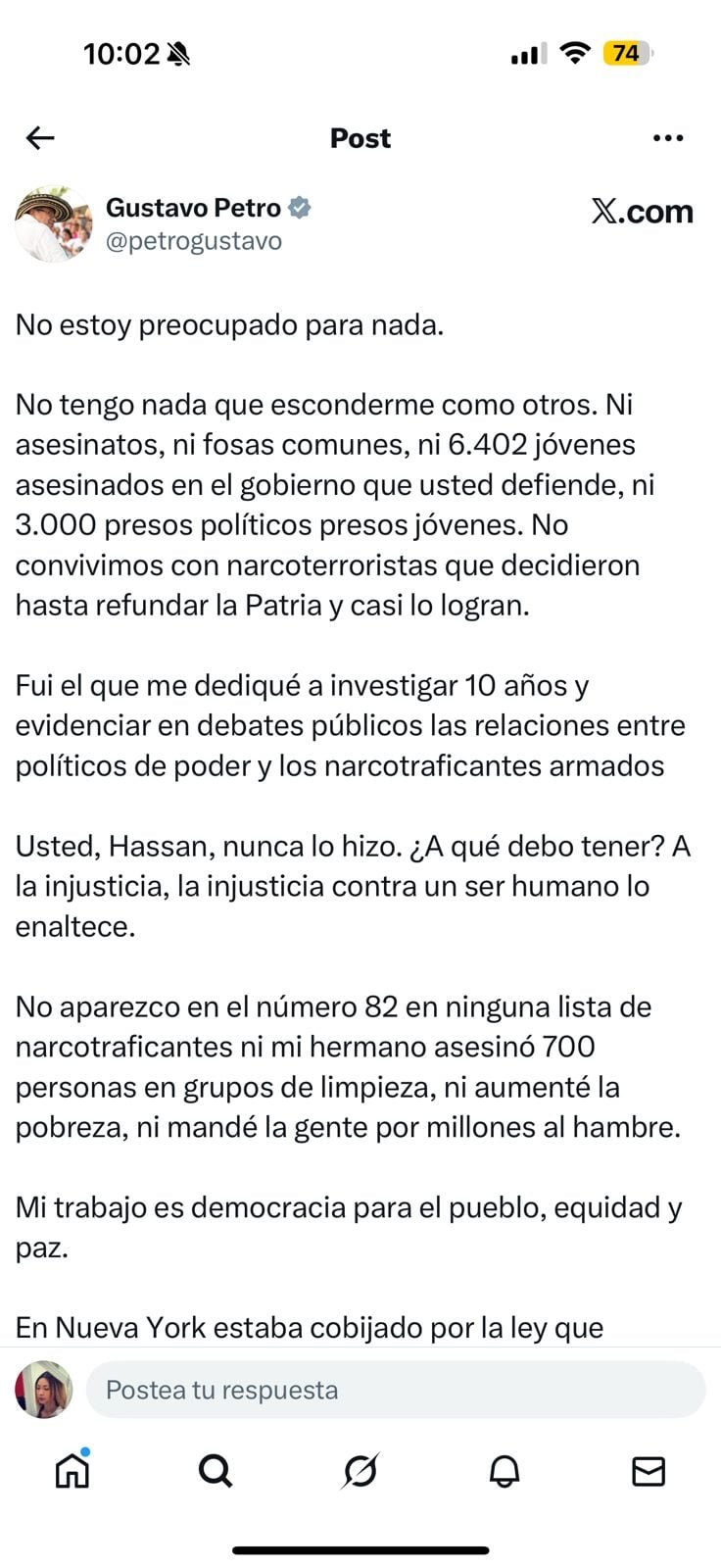 La declaración de Gustavo Petro insistió en no tener vínculos con actividades ilícitas, remarcó antiguos esfuerzos de investigación y rechazó la legitimitad de las recientes sanciones provenientes del extranjero - crédito captura de pantalla / X