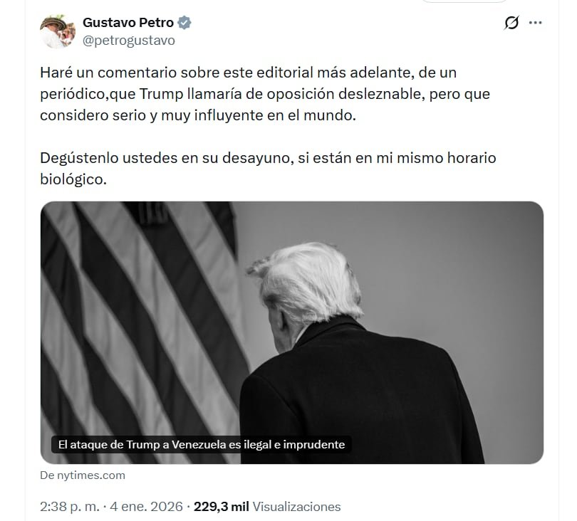 El presidente Gustavo Petro compartió un artículo de The New York Times sobre la intervención militar de Estados Unidos en Venezuela, pero lo que causó revuelo fue el momento - crédito @petrogustavo/X