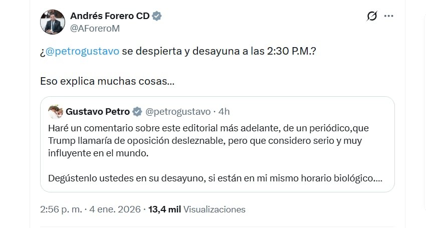 Andrés Forero se burló de la hora en que el presidente Petro insinuó que desayunaba - crédito @AForero/X