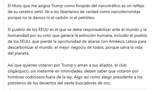 El jefe de Estado señaló que los estadounidenses deben de responsabilizarse de las acciones de su presidente que vulneran el derecho internacional- crédito @petrogustavo/X