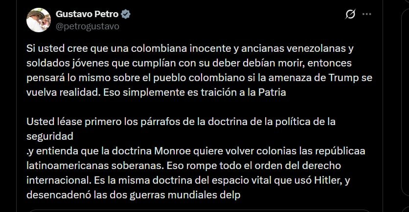 Respuesta de Gustavo Petro a Paloma Valencia por ataques de Estados Unidos a Venezuela - crédito @petrogustavo/X