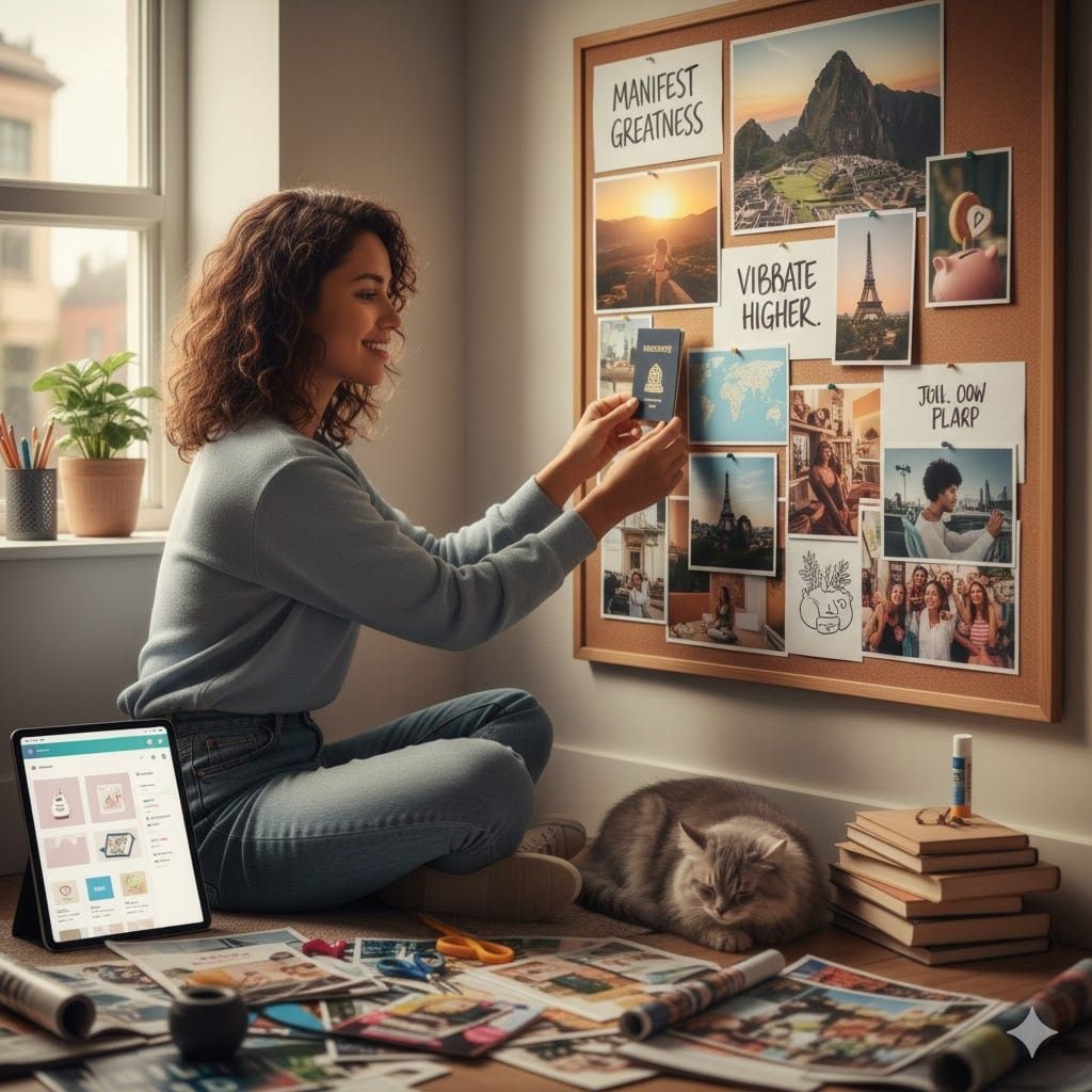 El proceso de seleccionar, recortar y pegar imágenes de revistas refuerza el compromiso psicológico con las metas. El esfuerzo manual ayuda a que la mente procese cada objetivo de manera más profunda y consciente que el simple clic digital. | Composición Gemini - Google