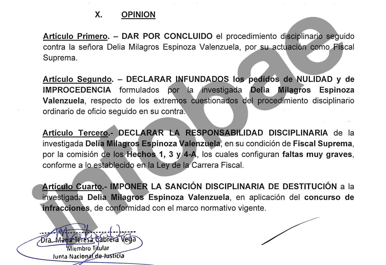Informe que propone la destitución de Delia Espinoza