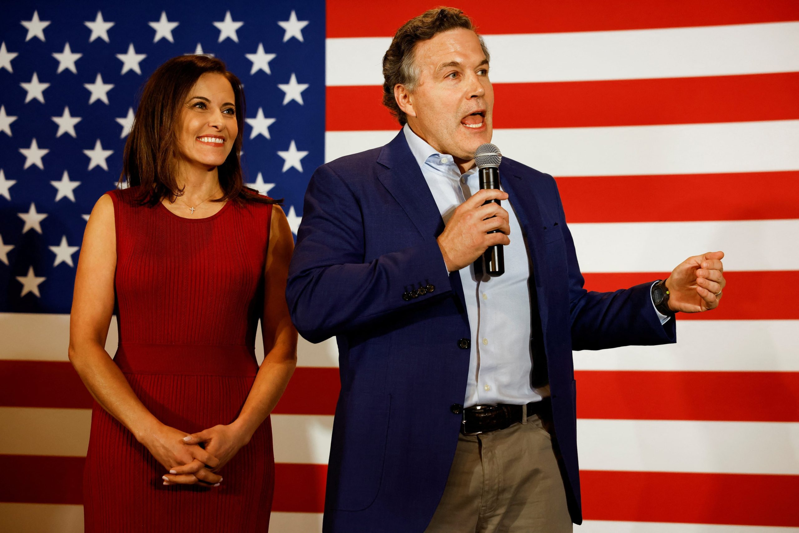 FILE PHOTO: Republican Party U.S. Senate candidate David McCormick speaks to supporters alongside his wife, Dina Powell McCormick, at an election night event in Pittsburgh, Pennsylvania, U.S. May 17, 2022. REUTERS/Quinn Glabicki/File Photo
