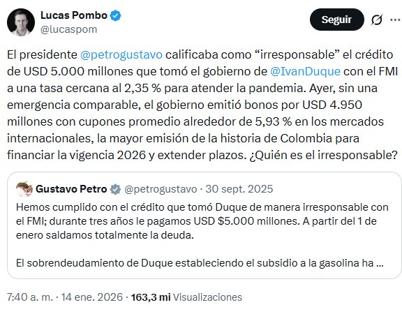 Internautas recordaron las críticas de Petro a Iván Duque por crédito con el FMI - crédito @lucaspom/X