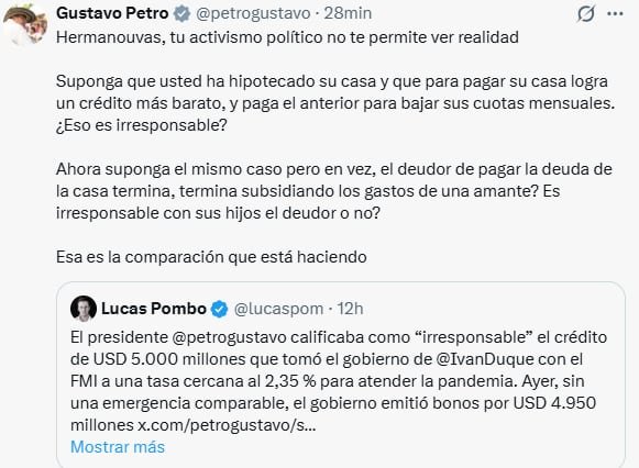 El jefe de Estado sostuvo que el crédito del anterior gobierno fue adquirido de manera irresponsable - crédito @petrogustaco/X