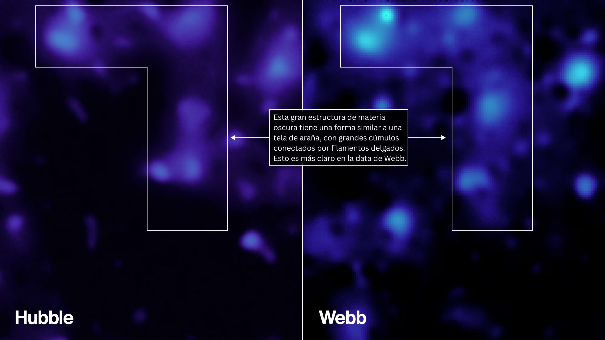 Una telaraña invisible: se observan regiones densas de materia oscura unidas por filamentos de menor densidad. Este patrón, que actúa como guía para la distribución de las galaxias, aparece mucho más nítido en los nuevos datos que en las imágenes anteriores (NASA/STScI/A. Pagan)