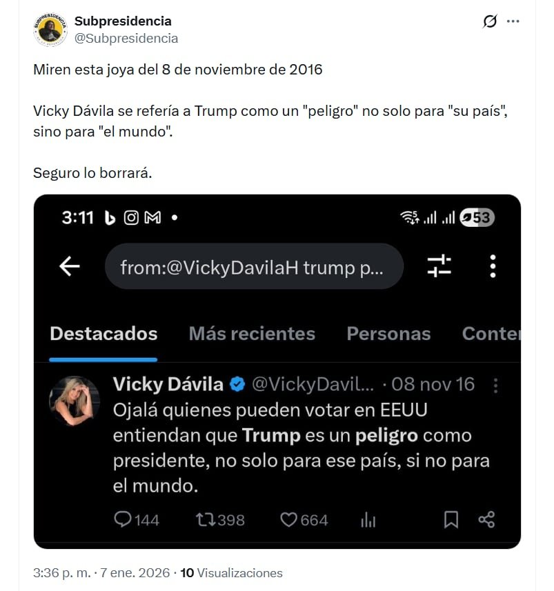Vicky Dávila, que en 2016 se mostró como una feroz crítica de Donald Trump, sorprendió a muchos con su respaldo a las políticas actuales del mismo - crédito @Sobrepresidencia/X