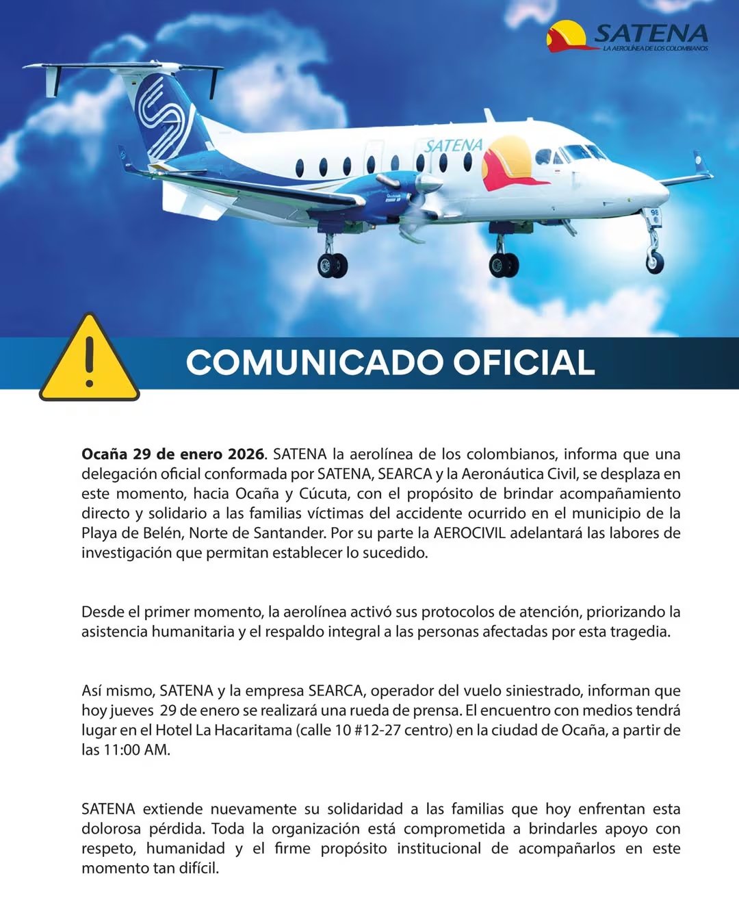 Satena emitió un mensaje de condolencias y reafirmó su compromiso institucional con las familias afectadas por la tragedia aérea - crédito Satena