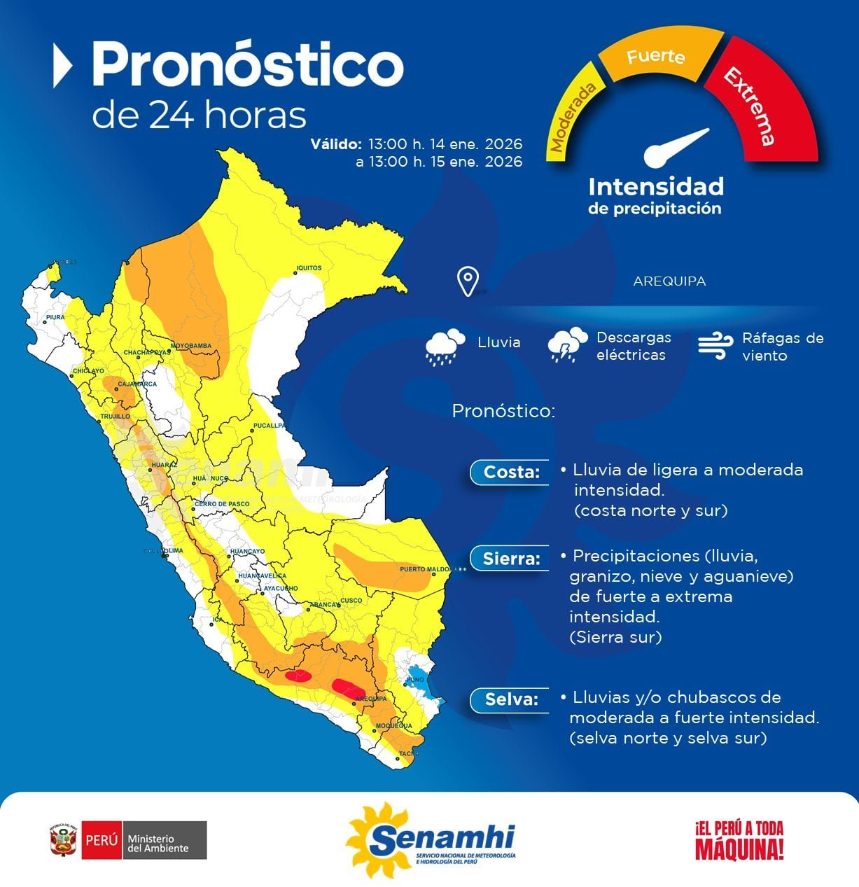 El pronóstico incluye descargas eléctricas, vientos fuertes y la posibilidad de activación de quebradas en Arequipa y otras regiones del país. Foto: Senamhi