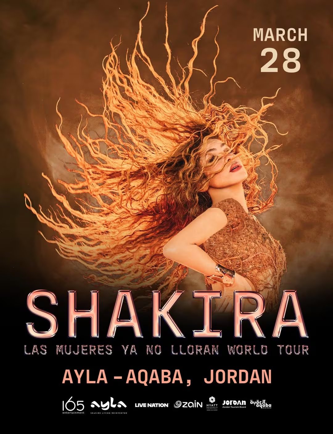 Shakira ofrecerá su primer concierto en Jordania el 28 de marzo de 2026, en Ayla, Aqaba, como parte de su gira mundial 'Las mujeres ya no lloran World Tour' - crédito @165entertainment/ Instagram