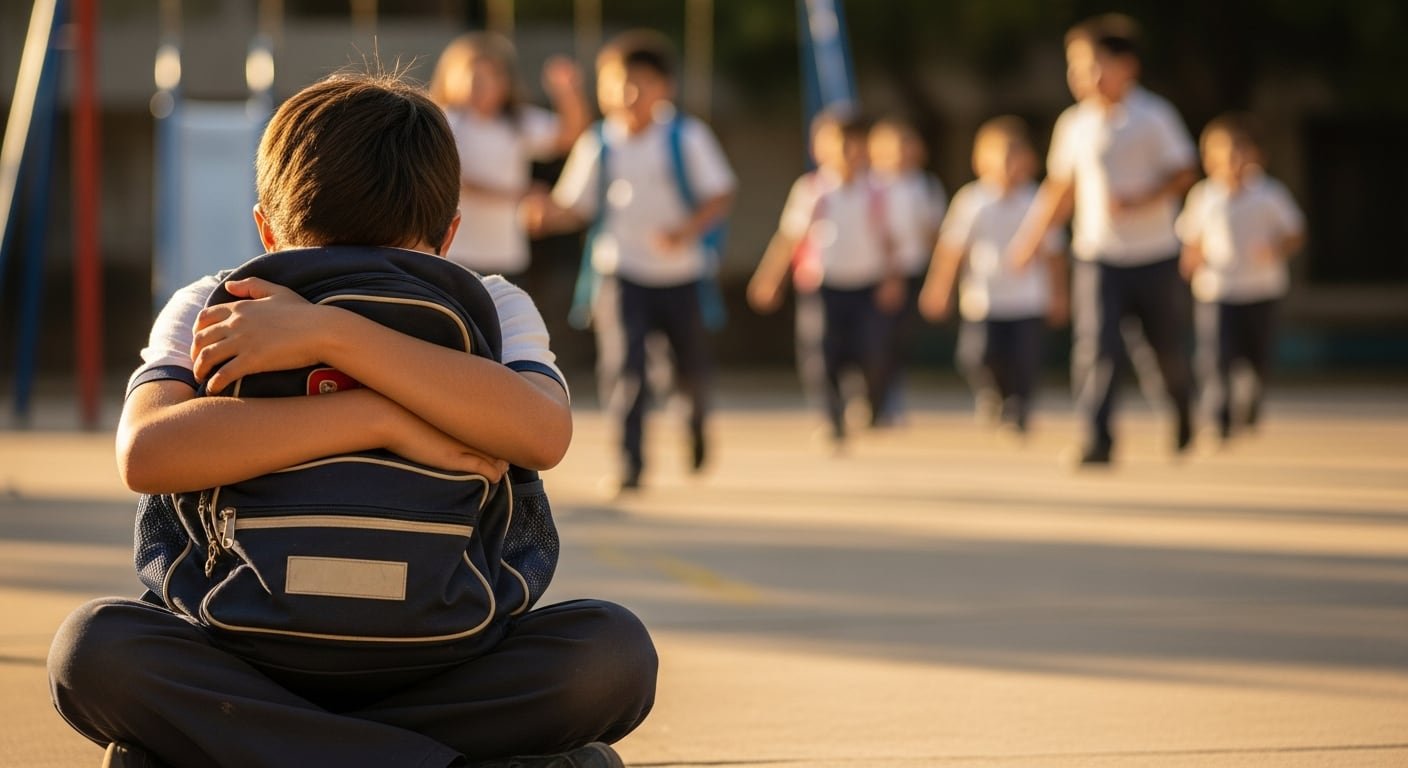 Un niño permanece sentado y abrazando su mochila en el patio de una escuela, mientras otros estudiantes juegan en el fondo. La imagen resalta la necesidad de promover la inclusión y el bienestar emocional en el entorno escolar. (Imagen Ilustrativa Infobae)