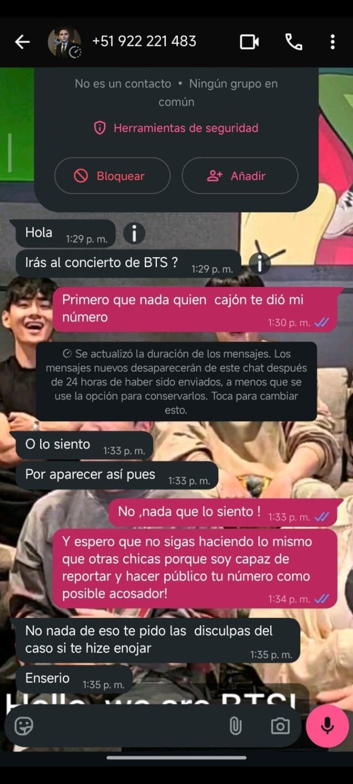 Capturas de WhatsApp que una fan de BTS reportó.