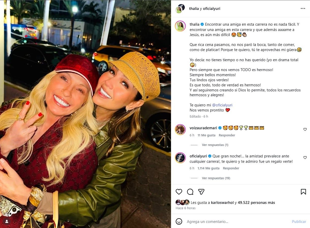 En su publicación, Thalía resaltó la dificultad de cultivar amistades sinceras en la exigente industria del espectáculo y el valor de compartir creencias religiosas (IG)