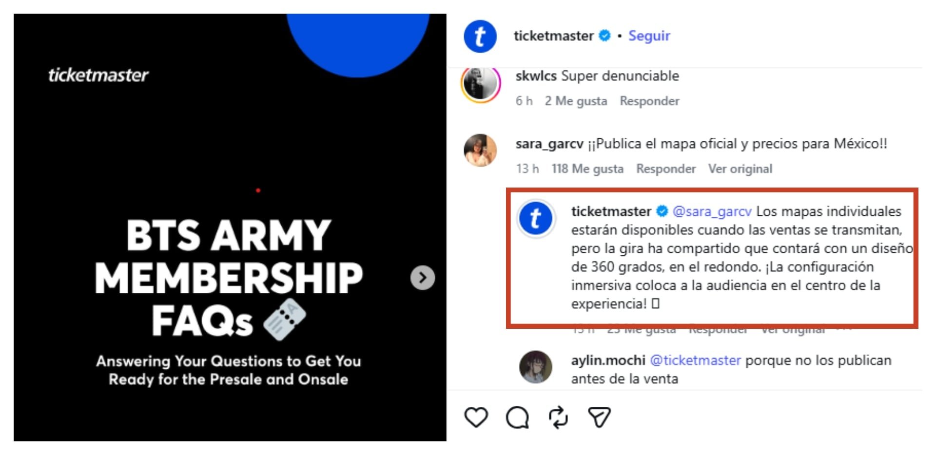 La cuenta oficial de la empresa respondió el comentario de una fan (Instagram ticketmaster/Captura de pantalla)