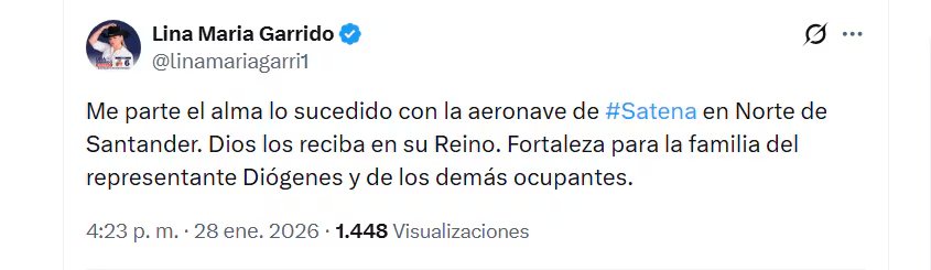 La representante Lina María Garrido lamentó la muerte de los ocupantes que viajaban en una aerolínea de Satena - crédito @linamariagarri1/X