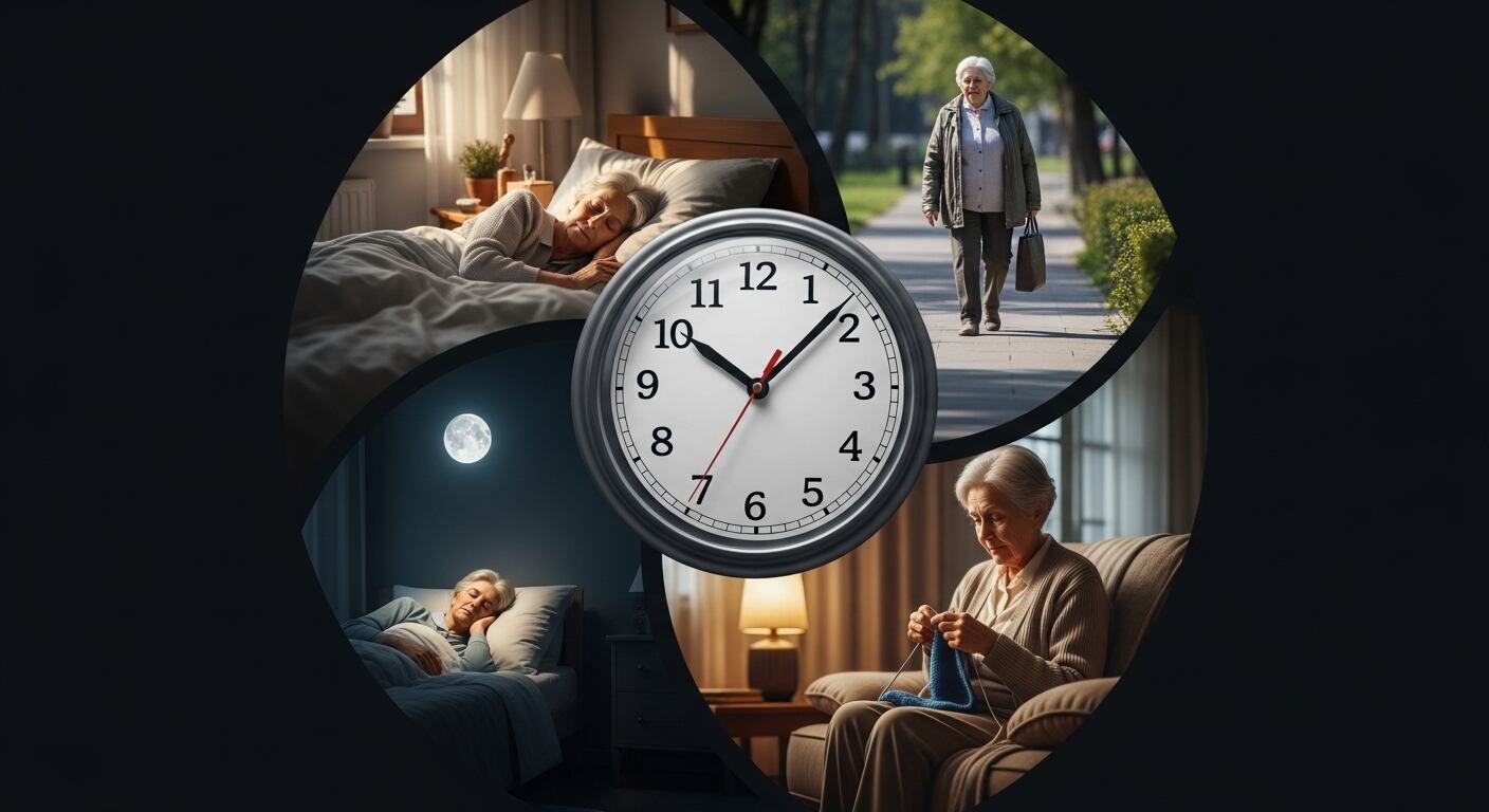 En un collage visual, una mujer mayor es retratada realizando diferentes actividades cotidianas: caminando al aire libre, tejiendo en casa y durmiendo durante la noche y el día. Un reloj analógico en el centro simboliza la importancia de la gestión del tiempo y los hábitos saludables en la tercera edad. (Imagen Ilustrativa Infobae)