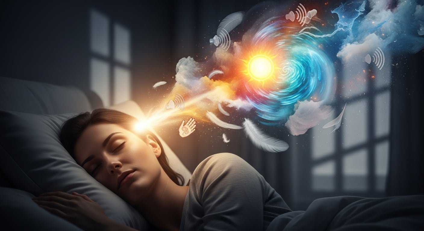 Una mujer duerme plácidamente en su cama mientras una representación visual de sus sueños y pensamientos emerge de su mente, mostrando colores vibrantes, símbolos y energía. La imagen ilustra el misterio y la creatividad del subconsciente humano durante el sueño, destacando la importancia de los procesos mentales nocturnos. (Imagen Ilustrativa Infobae)