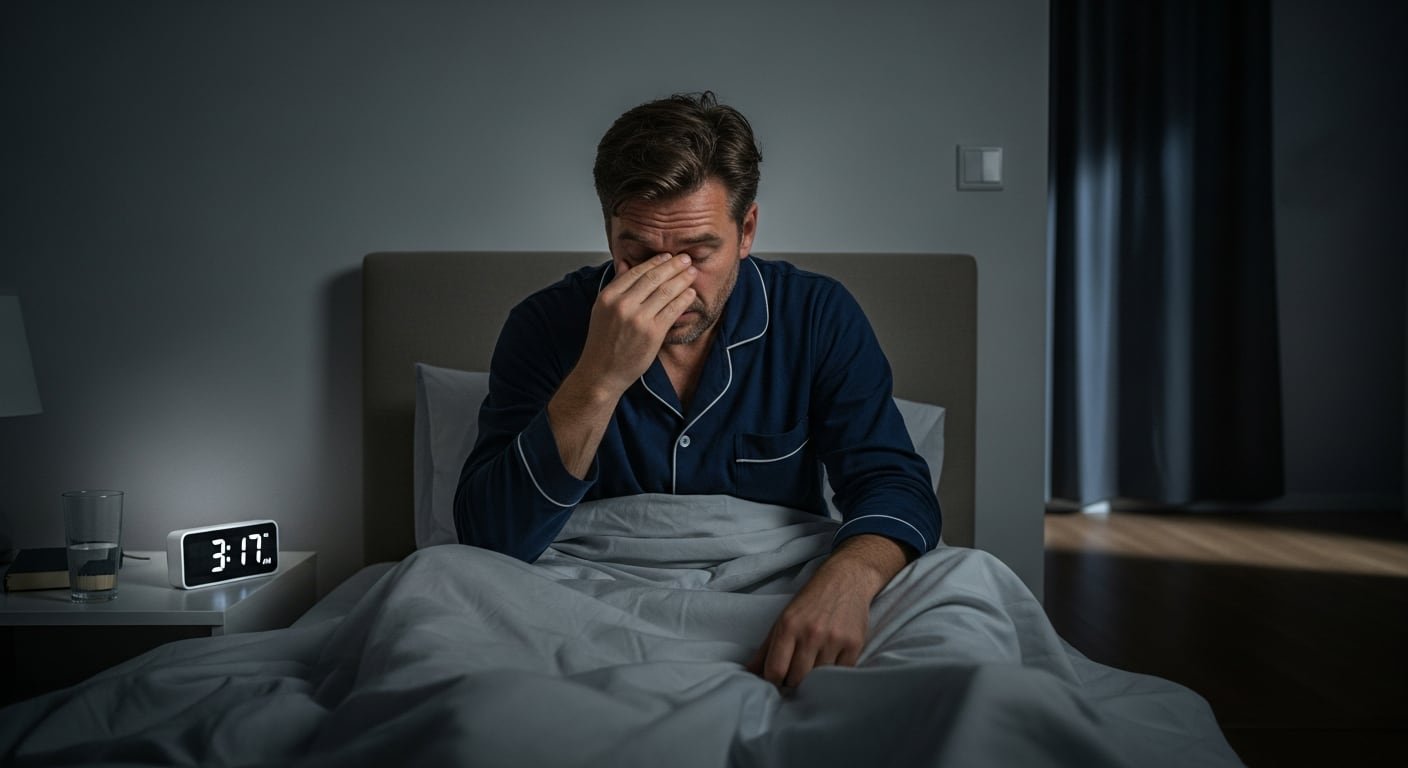 Un hombre se sienta en la cama durante la madrugada, visiblemente cansado y preocupado, mientras el reloj marca las 3:17 a.m. La escena ilustra el impacto del insomnio y los trastornos del sueño en la vida cotidiana. (Imagen Ilustrativa Infobae)