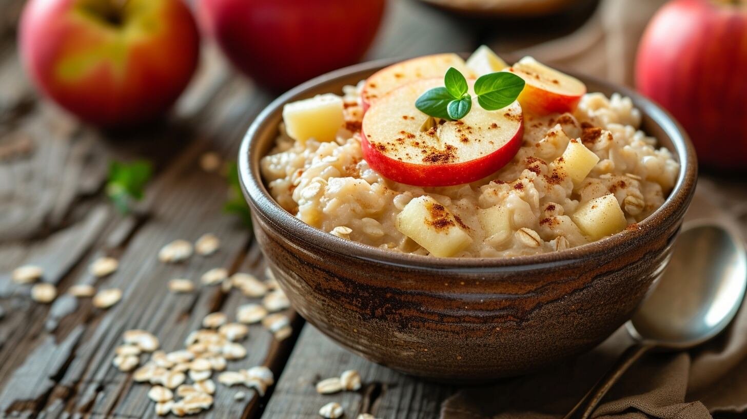 Plato de desayuno saludable mostrando avena cocida y manzana cortada en trozos, adornado con canela - (Imagen Ilustrativa Infobae)