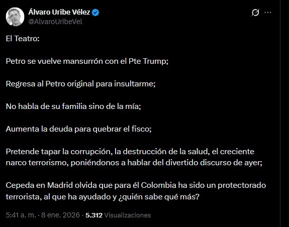 Álvaro Uribe Vélez, desde sus redes sociales, criticó con dureza al presidente Gustavo Petro por su gestión económica, su estilo de liderazgo y el manejo de la relación con Estados Unidos - crédito red social X