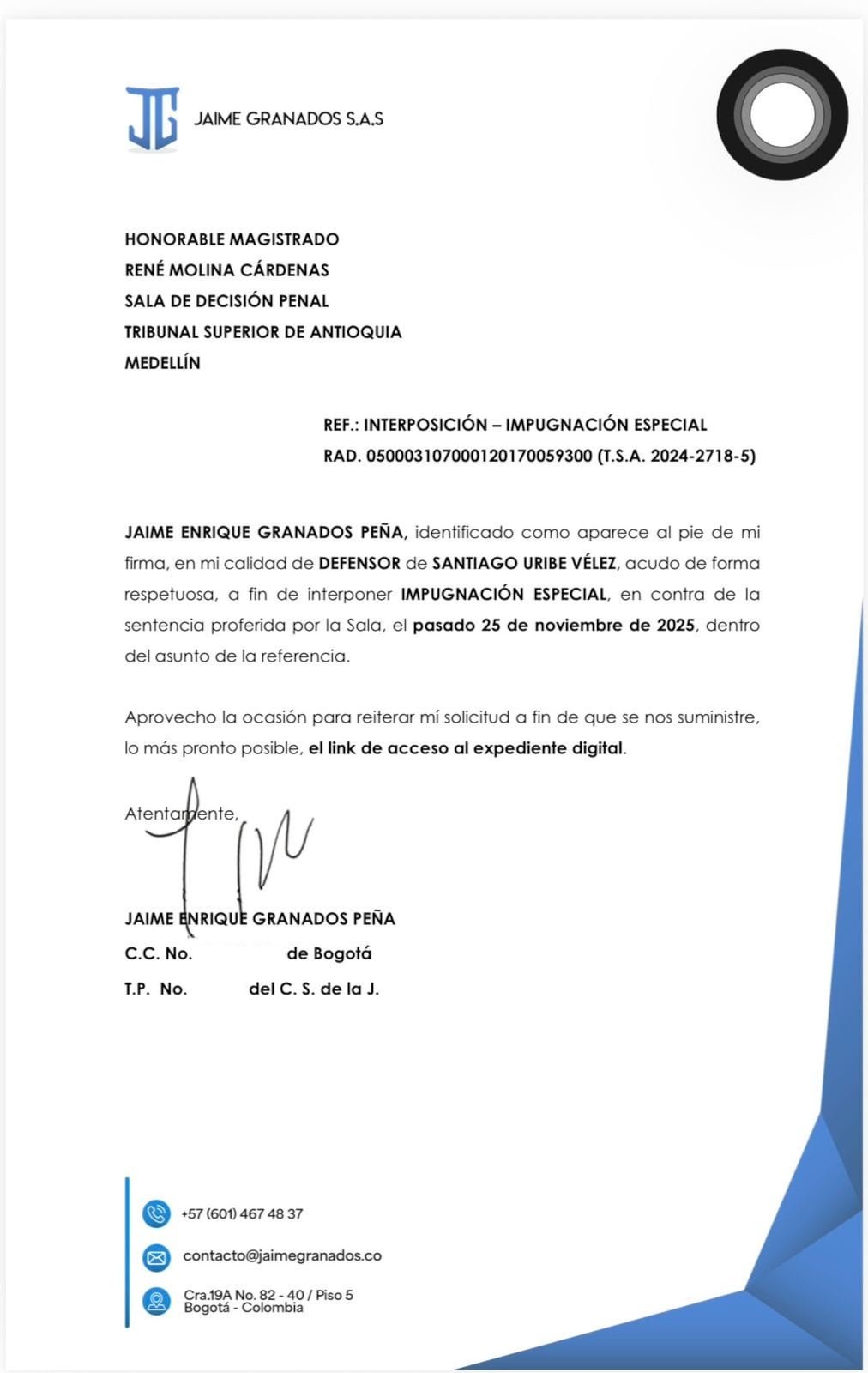 La defensa de Santiago Uribe Vélez presentó un recurso de impugnación especial ante la Corte Suprema de Justicia contra la condena dictada en segunda instancia por el Tribunal Superior de Antioquia - crédito Jaime Granados S.A.S.