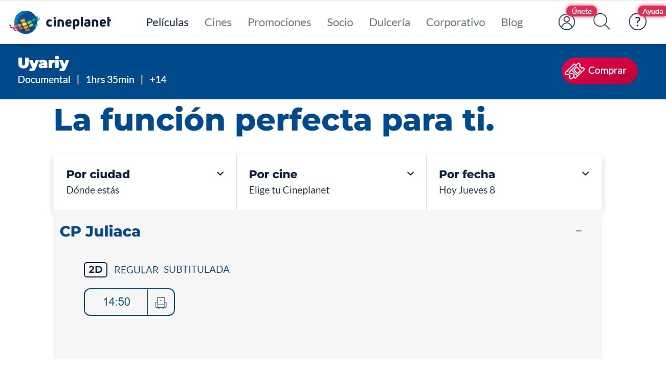 Restricción en horarios de proyección de la película Uyariy. Foto captura: Infobae Perú.