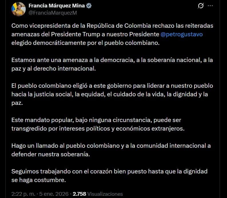 Márquez definió como una amenaza a la democracia y al derecho internacional las advertencias de Trump tras la captura de Nicolás Maduro - crédito @FranciaMarquezM / X