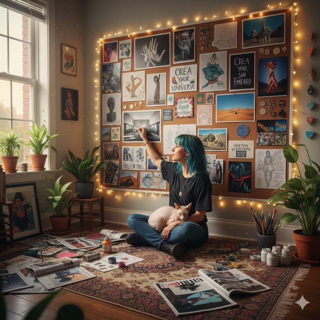 El proceso comienza con la introspección, sigue con la búsqueda de imágenes que resuenen con nuestras emociones y culmina con el diseño final. Cada palabra y fotografía elegida actúa como un ancla para mantener la disciplina durante los 365 días del año.| Composición Gemini - Google