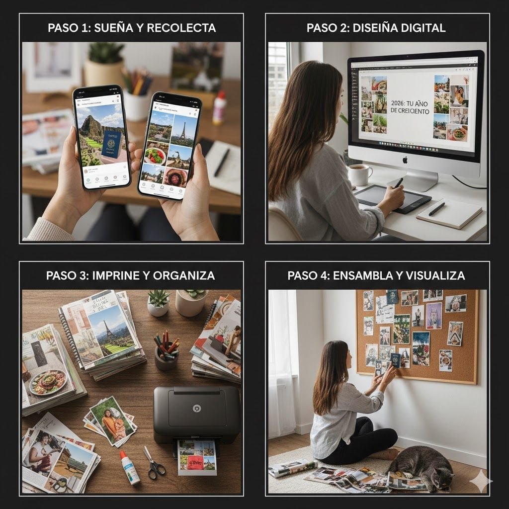 Un tablero efectivo debe cubrir diversas áreas: desde el bienestar físico y la salud mental hasta el crecimiento profesional y los viajes. Organizar el tablero por secciones ayuda a mantener una visión equilibrada de lo que realmente importa en el nuevo año.| Composición Gemini - Google