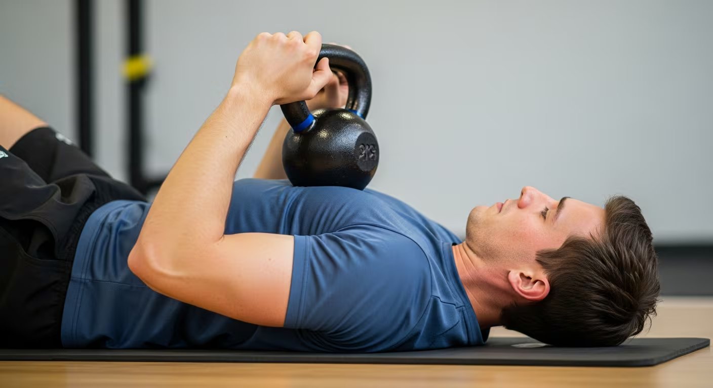 El press en el suelo con pesa rusa emerge como una alternativa funcional al tradicional press de banca para entrenar pecho (Imagen Ilustrativa Infobae)