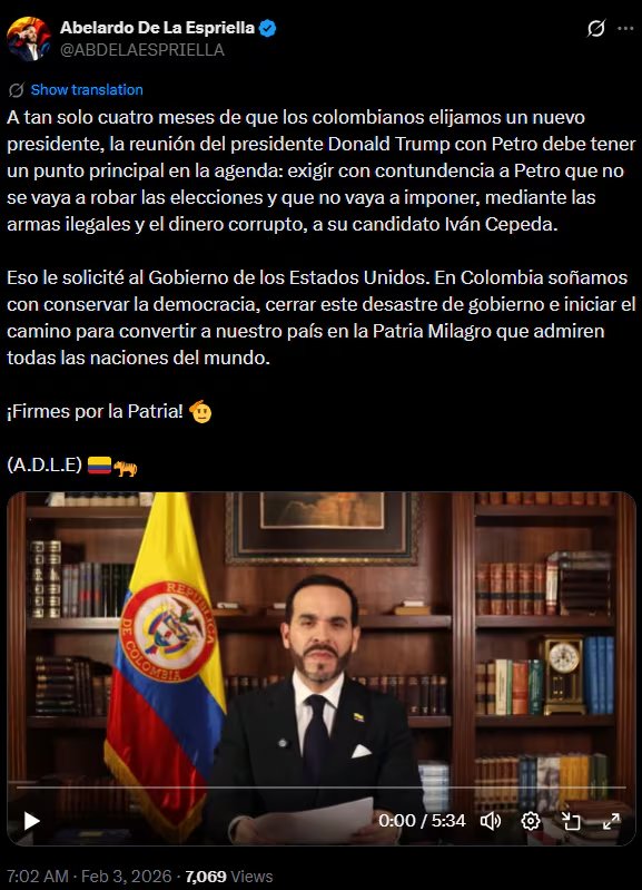 De la Espriella pide a Trump y Rubio exigir garantías a Petro en elecciones colombianas - crédito @ABDELAESPRIELLA