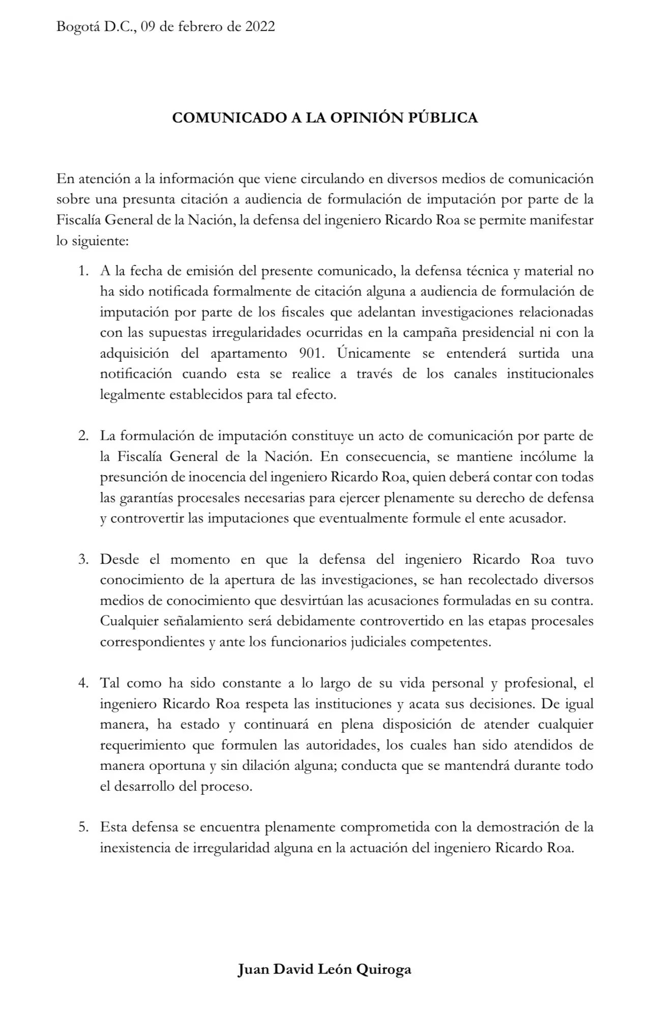 Con este comunicado, el equipo jurídoco del presidente de Ecopetrol, Ricardo Roa, expresó que no ha sido notificado de la imputación de la Fiscalía General de la Nación en su contra - crédito suministrada a Infobae Colombia