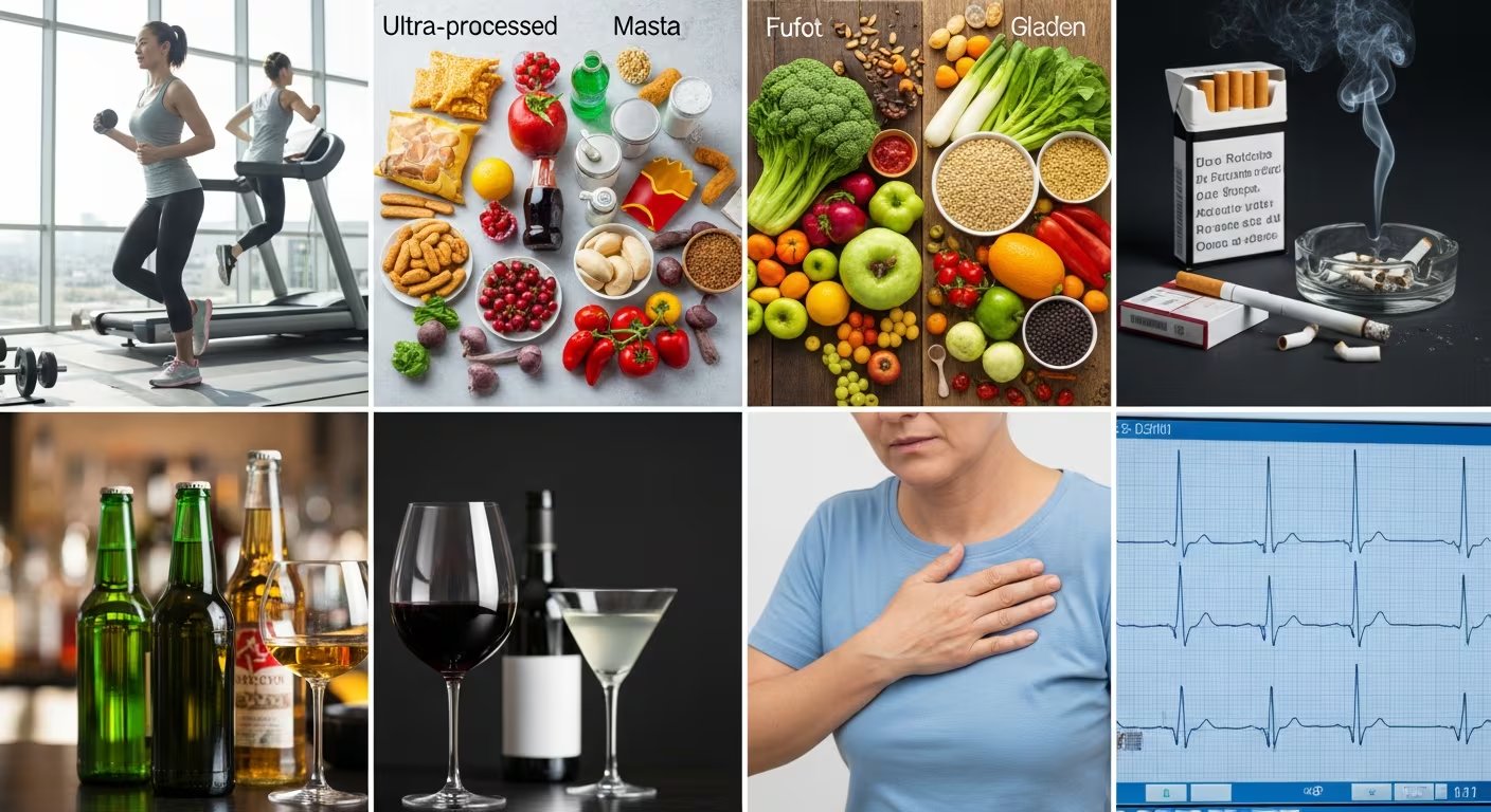 Composición visual que muestra ejercicio, alimentos, tabaco, alcohol y síntomas cardíacos para ilustrar riesgos y prevención de salud (Imagen Ilustrativa Infobae)