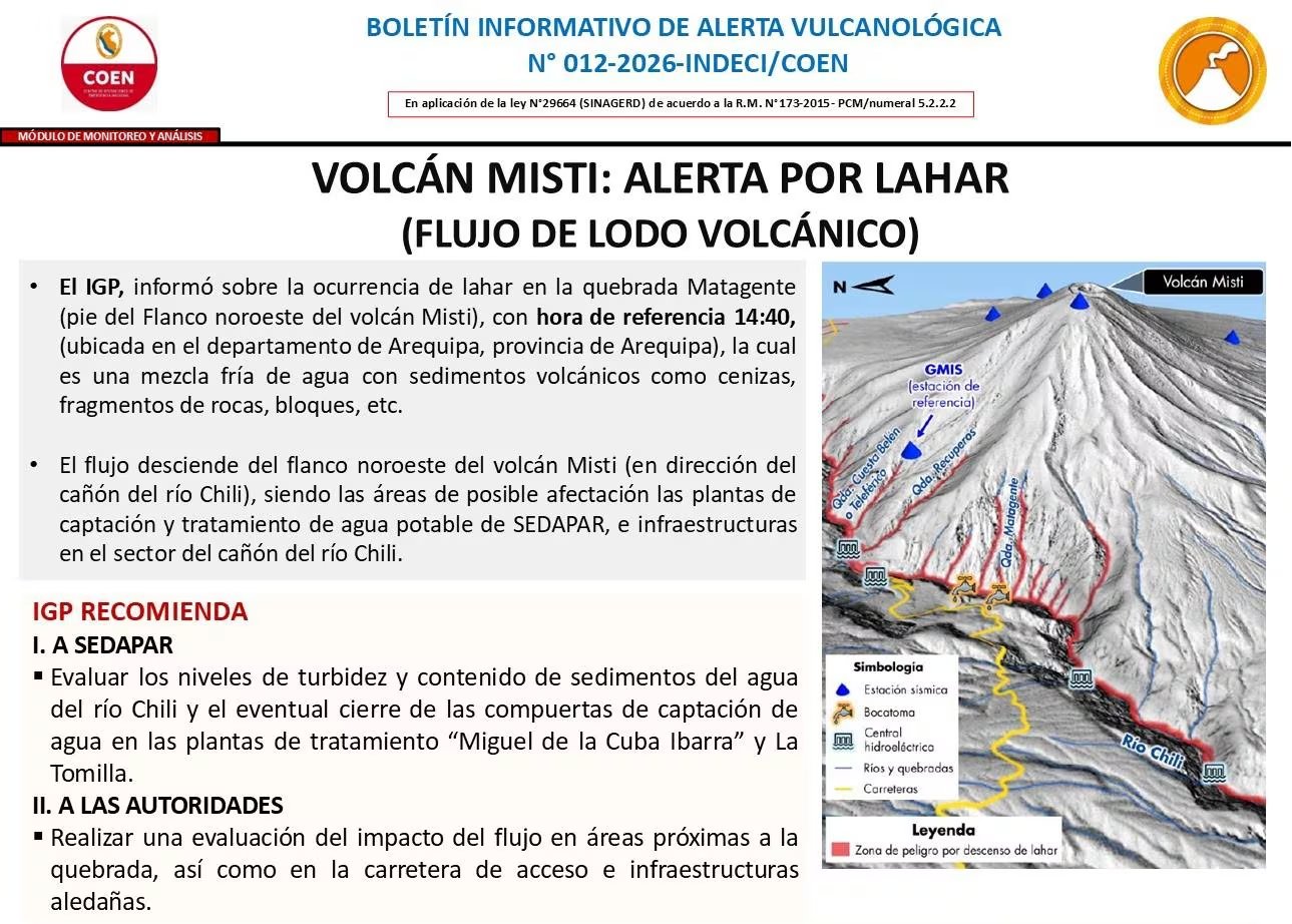 El Instituto Geofísico del Perú informó la ocurrencia de un lahar (flujo de lodo volcánico) en la quebrada Matagente, al pie del flanco noroeste del volcán Misti, a las 14:40 horas.