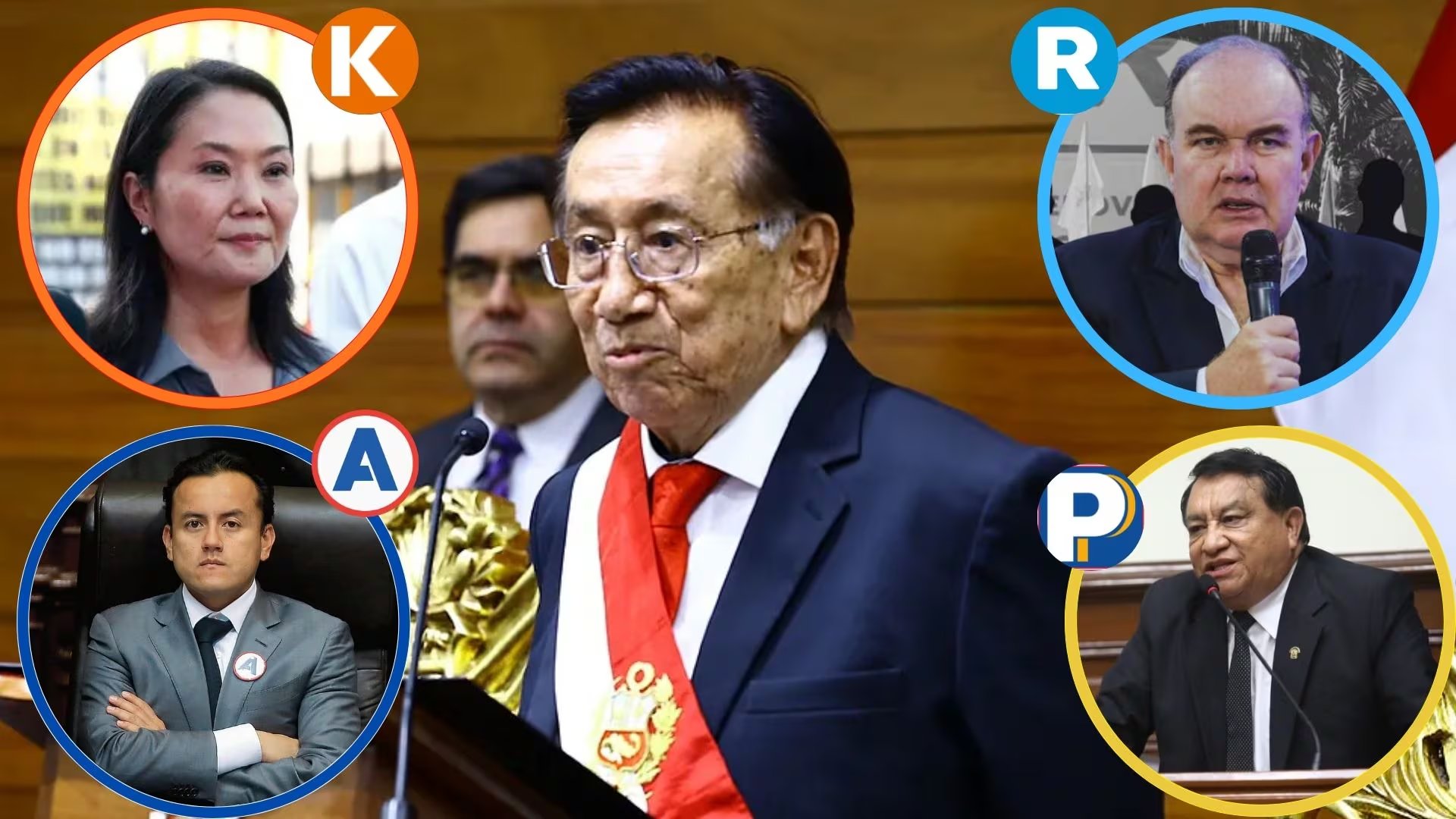 José María Balcázar interviene en una sesión del Congreso, mientras en imágenes secundarias se aprecian a Keiko Fujimori, Rafael López Aliaga y representantes de Alianza para el Progreso y Podemos Perú.