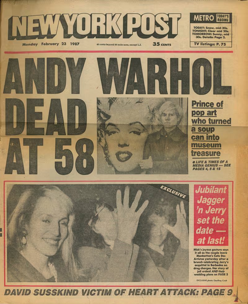 La tapa del New York Post al día siguiente de la muerte de Andy Warhol