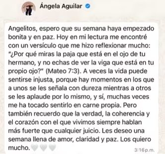 Ángela Aguilar habló nuevamente sobre los juicios públicos que ha enfrentado. (Captura de pantalla canal de Whatsapp Ángela Aguilar)