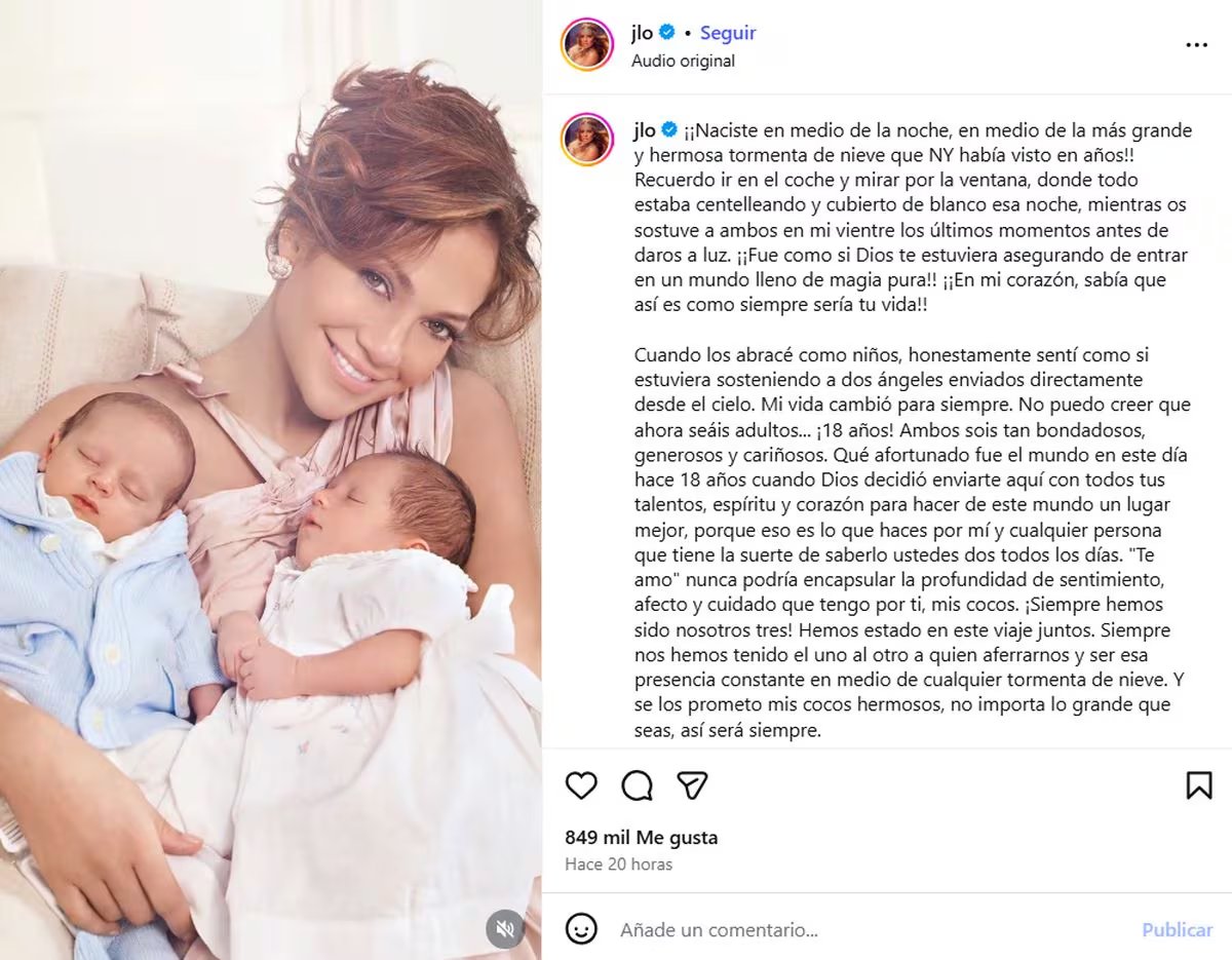 La artista reflexiona sobre la maternidad y cómo el nacimiento de los mellizos transformó su vida para siempre (Instagram/@jlo)