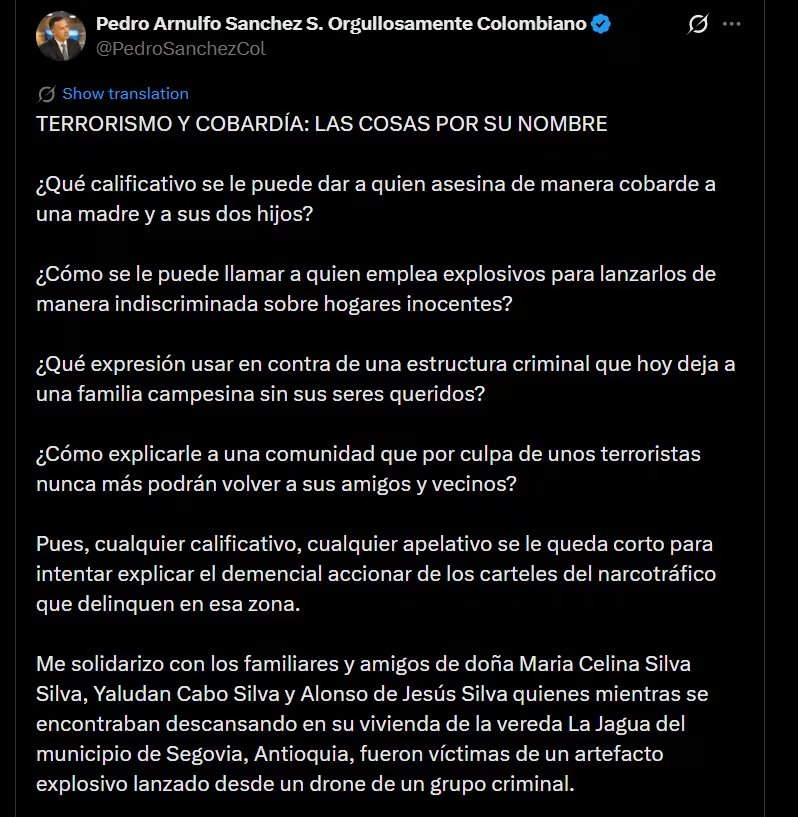 Ministro de Defensa ofrece jugosa recompensa por información que ayude a capturar a responsables de ataque con dron que dejó muertos a una madre y sus hijos - crédito captura de pantalla @PedroSanchezCol / X