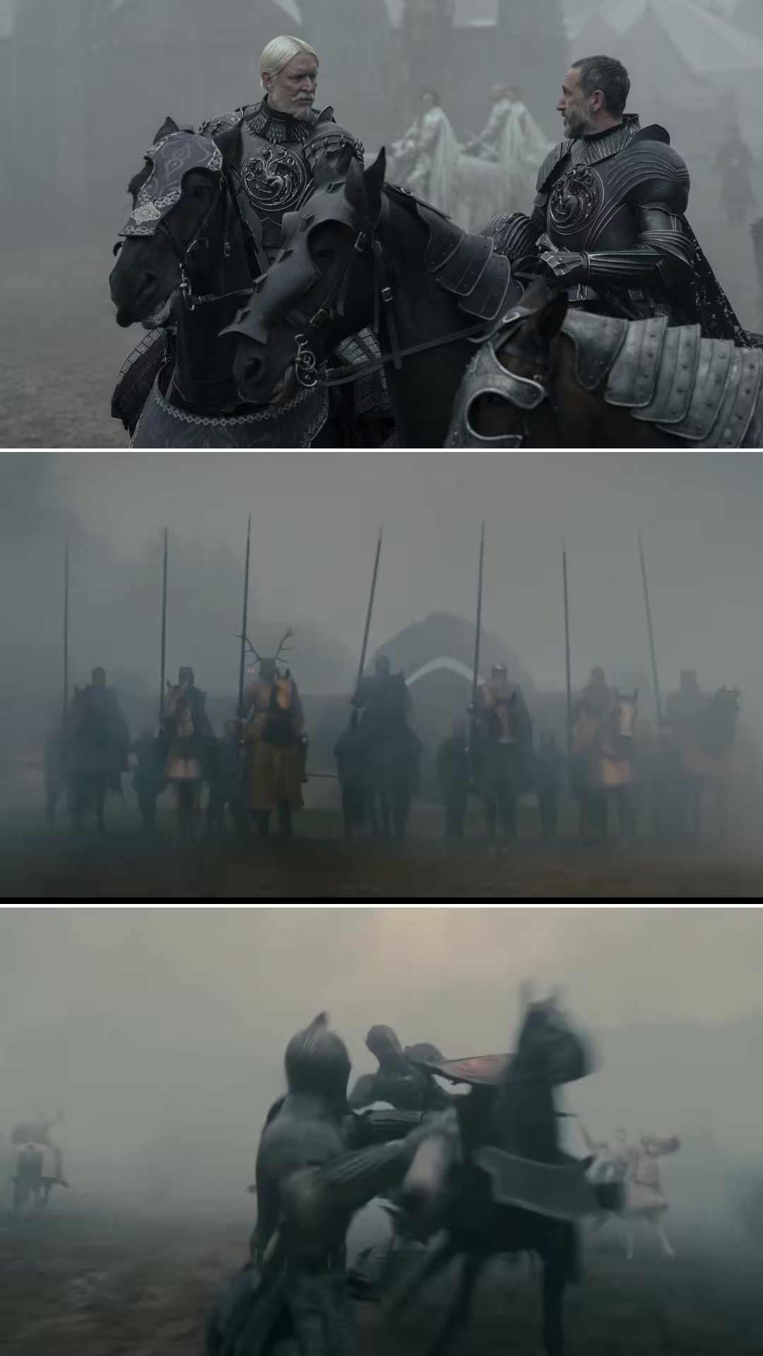 Sam Spruell y Peter Claffey aparecen a caballo con armadura completa en una brumosa escena de la muy esperada serie 'A Knight of the Seven Kingdoms' (HBO / YouTube)