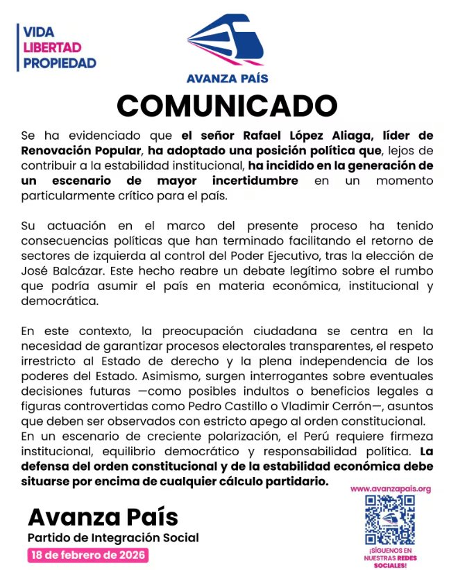 La bancada de Avanza País responsabiliza a Rafael López Aliaga por contribuir a la incertidumbre política y facilitar el retorno de la izquierda al Poder Ejecutivo - Créditos: Avanza País.