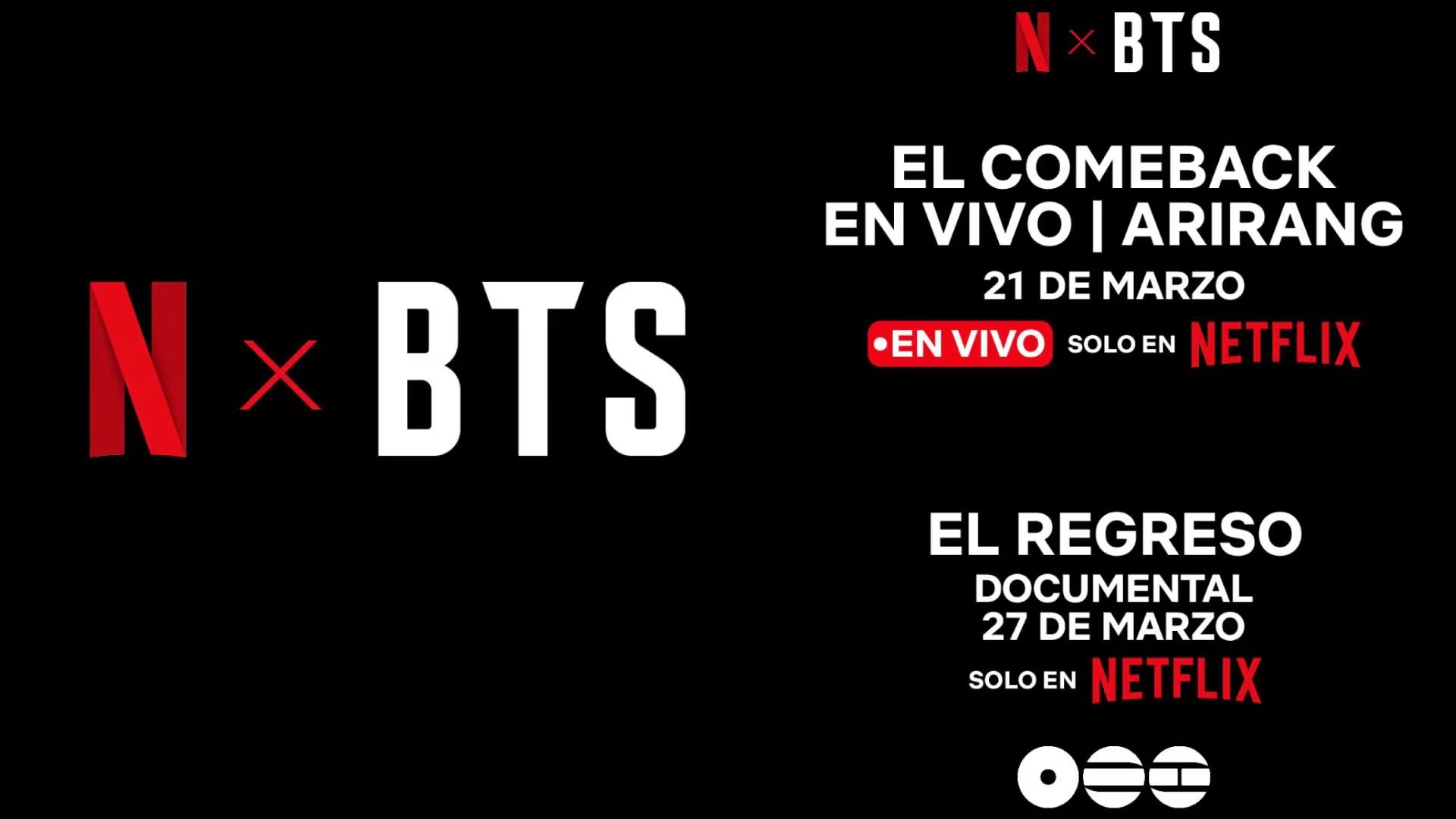 Netflix y BTS revelan las fechas de estreno para el concierto en vivo 'Arirang' el 21 de marzo y el documental 'El Regreso' el 27 de marzo, ambos disponibles exclusivamente en la plataforma (Instagram)